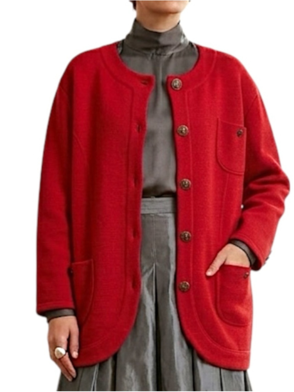 VTG 80s 90s French made wool blend boxy oversized red longline cardigan sweater - Picture 3 of 13